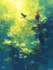 森林中的女孩和飞鸟图片