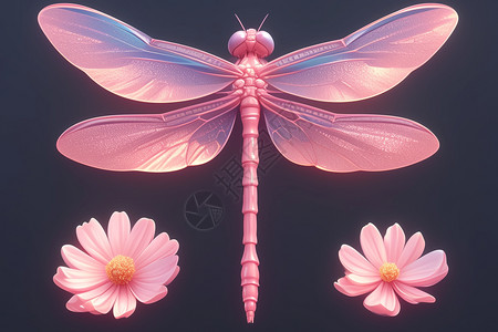 粉色色调下的蜻蜓与花朵图片
