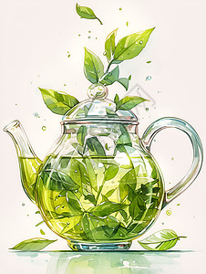 透明茶壶里的绿茶图片