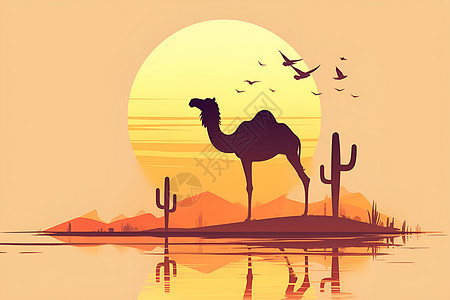 夕阳背后的骆驼背景图片