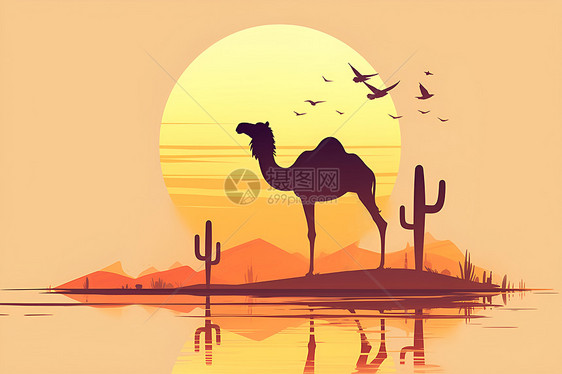 夕阳背后的骆驼图片