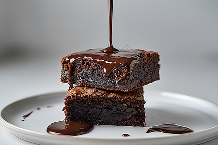 美味巧克力甜点两块蛋糕上滴着巧克力酱背景