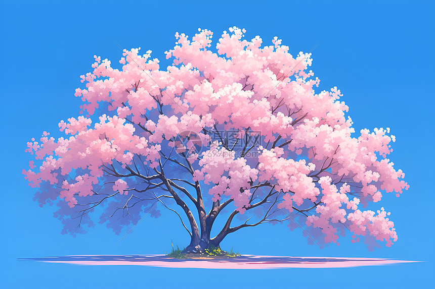 蓝色背景上的樱花树图片