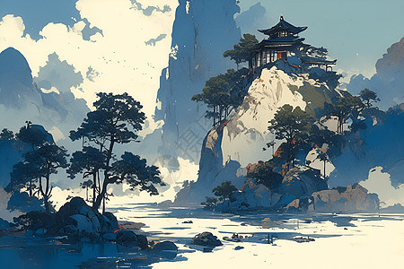 山水美景插画图片