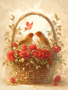 玫瑰和小鸟的篮子图片