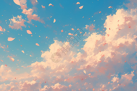 梦幻火烈鸟天空中的云朵和花瓣插画