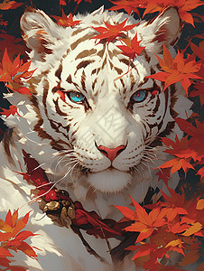 枫叶中的白虎背景图片