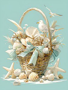 满海贝壳的篮背景图片