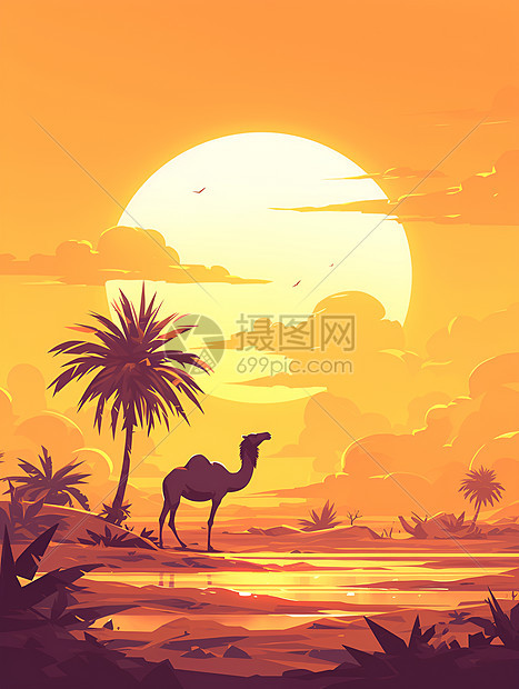 夕阳照耀下的骆驼图片