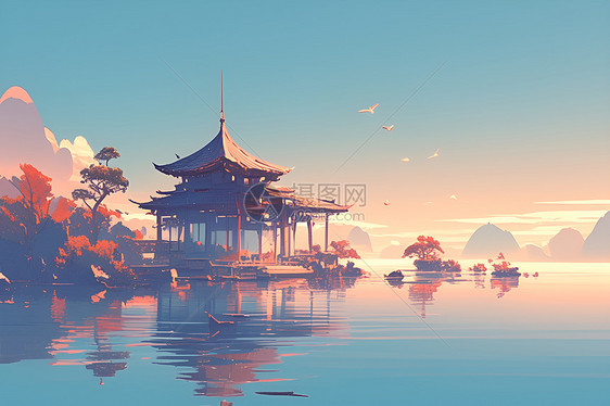 夕阳湖面上的古建筑图片