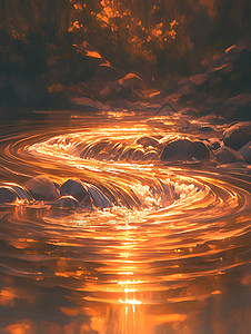 金色夕阳下的流水图片