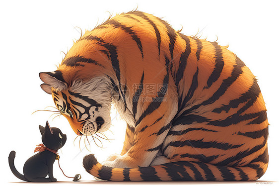 可爱的黑猫与威武的老虎图片