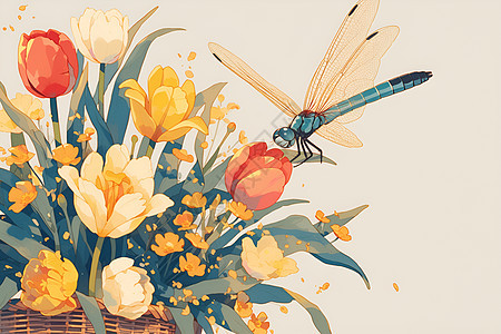 郁金香篮子上的蜻蜓背景图片