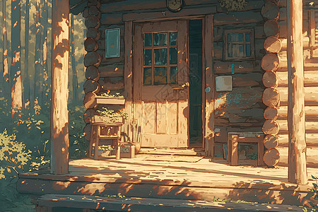 阳光沐浴着宁静的小木屋图片