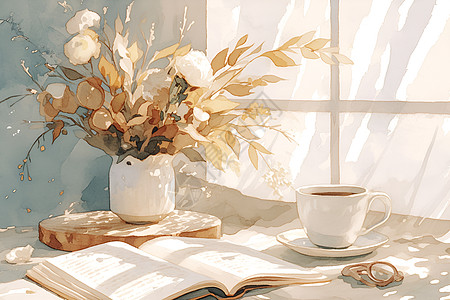 窗台的书籍和咖啡图片
