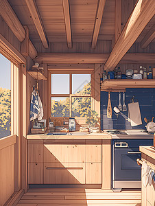山景中的木制厨房图片
