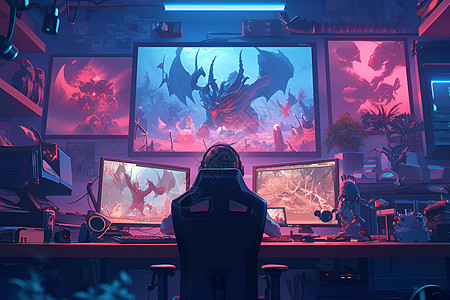 一个人坐在桌子前玩电脑游戏图片