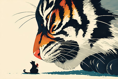 面对勇敢的黑猫与老虎对峙插画