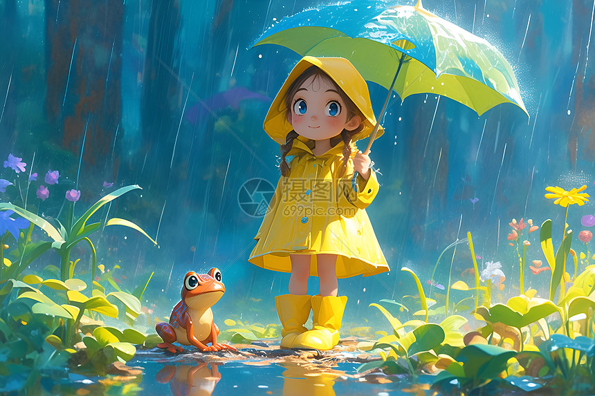 小女孩在雨天丛林中图片