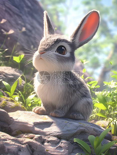 小兔子坐在岩石上图片