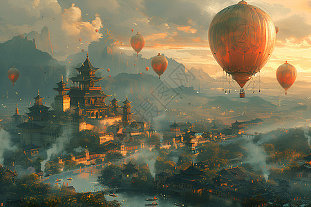 飞过山脉寺庙的热气球图片