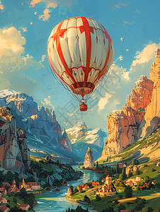 山谷里飞行的热气球图片