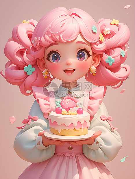 可爱的卡通女孩拿着粉色蛋糕图片