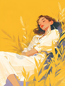 躺在草地上的白裙女子图片