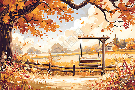 秋日景观下的木秋千背景图片