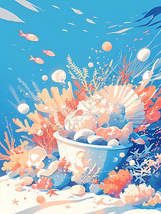 珊瑚及贝壳篮子图片