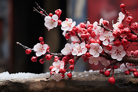 垂雪的梅花鲜艳花朵高清图片