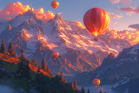 热气球穿越壮丽山脉图片