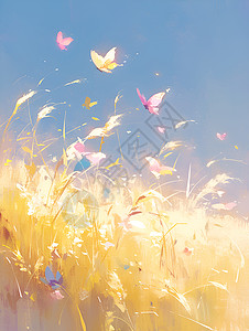 麦子粉色蝴蝶和麦浪插画