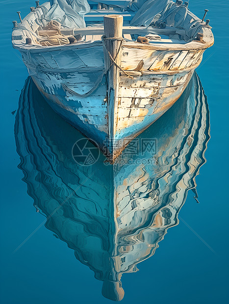 水面上倒映着一艘木船图片