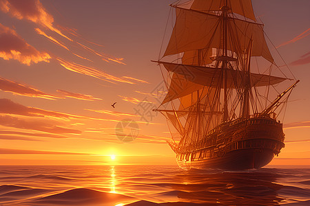 斑驳的背景金色的日出映衬下一艘大船插画