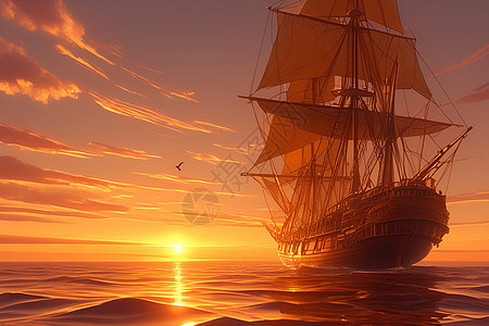 金色的日出映衬下一艘大船背景图片