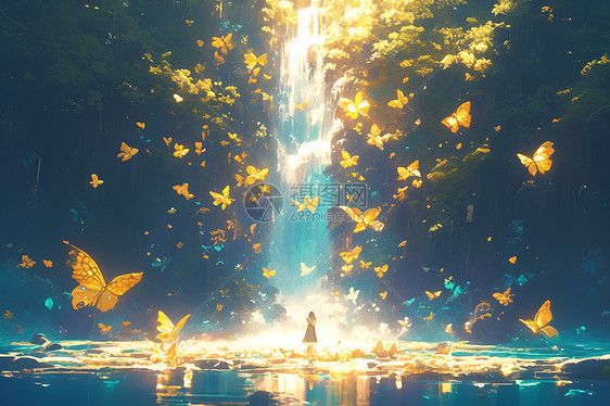 金色蝴蝶环绕的瀑布图片