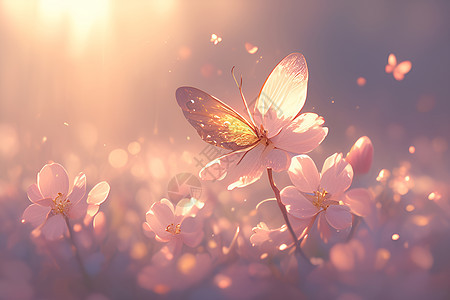 蝴蝶翩翩舞动在粉色花海中背景图片