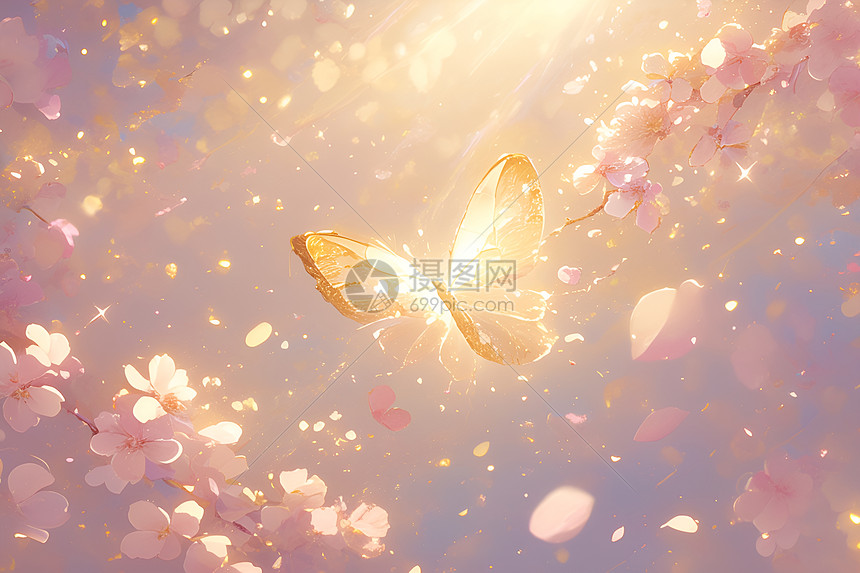 蝴蝶在闪烁的粉色花朵中图片