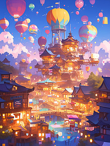奇幻彩绘夜空中的热气球城市图片