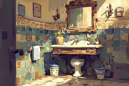 浴室正面怀旧细节的家居插画