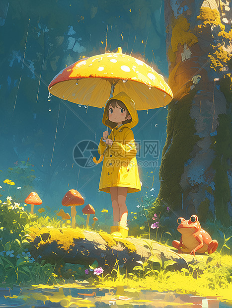 雨季草地上的小女孩图片