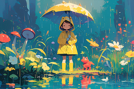 小女孩在雨中漫步高清图片
