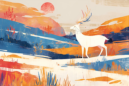 背板设计山野中的白鹿插画插画