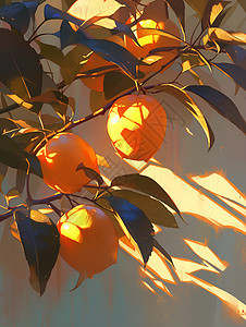 夕阳映照下的柿子树图片