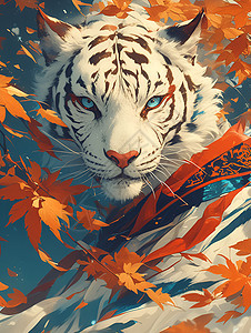 秋季树叶中的白虎背景图片