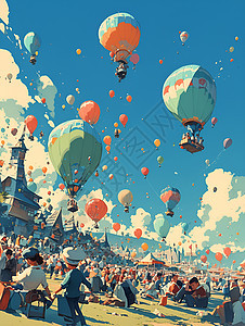 奇幻的热气球插画图片