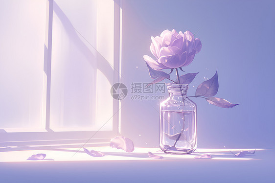 窗台上玻璃罐里的玫瑰花图片