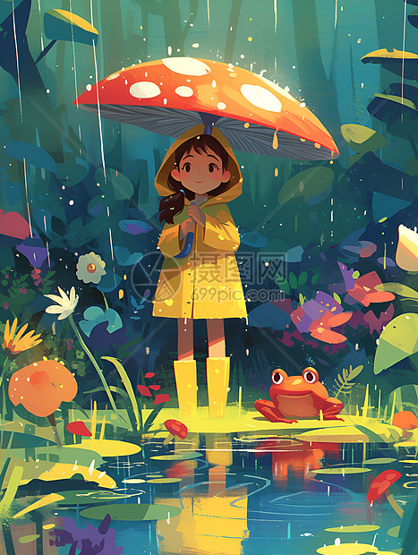 水池边撑伞的女孩图片