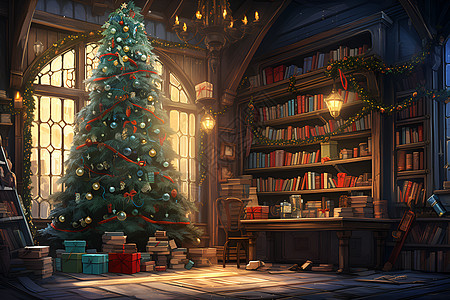 房间里的圣诞树和书架图片